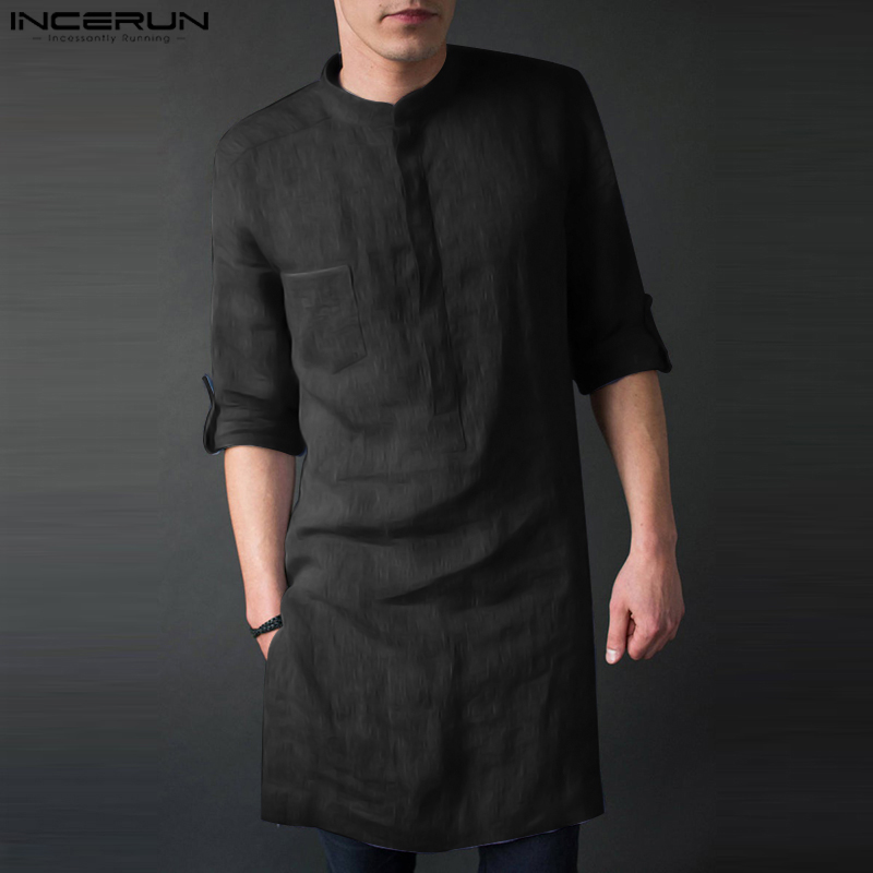 Kurta Men Cotton - INCERUN erkek Uzun Kollu Midi Erkek